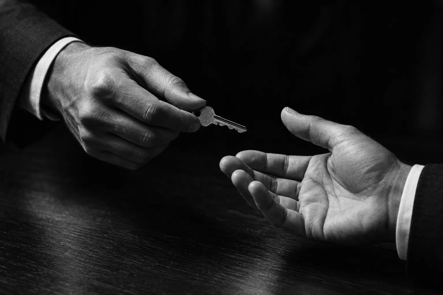 One hand passing a key to another across a table