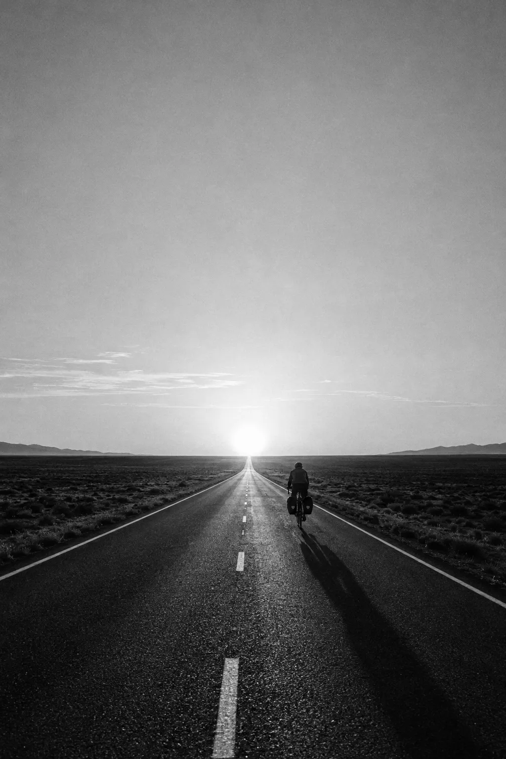 A lone cyclist on a straight highway that runs to the horizon