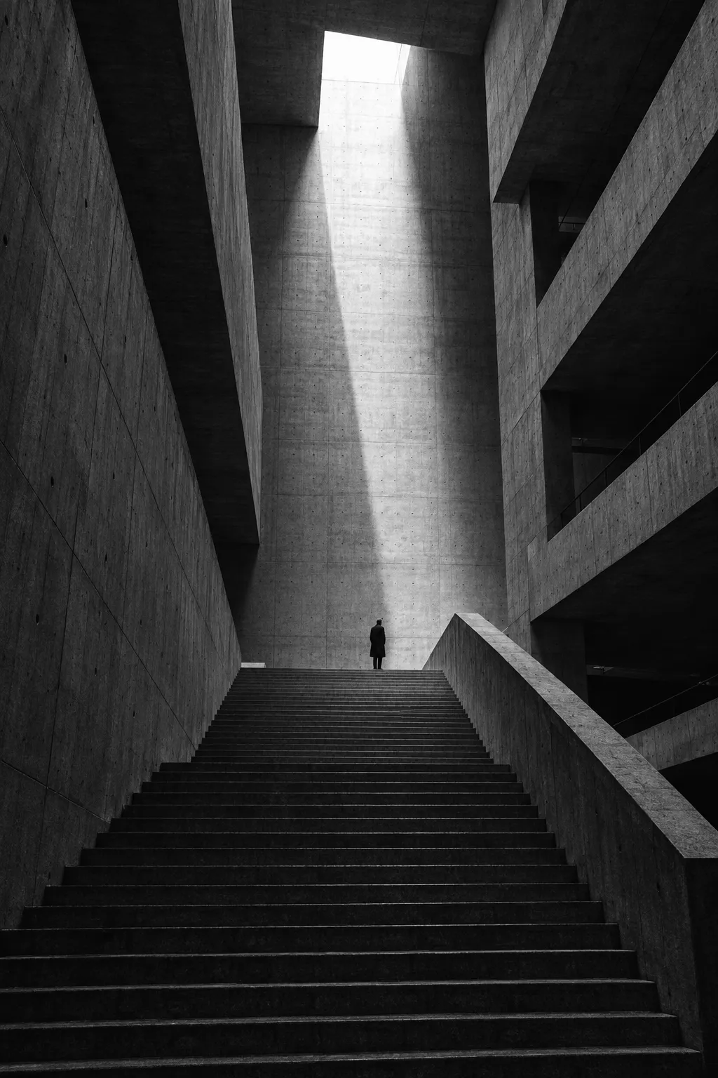 A lone figure at the top of a tall concrete staircase, lit by a shaft of light